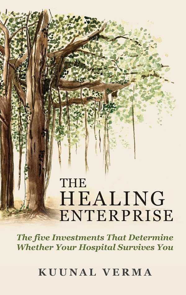 Cover of The Healing Enterprise by Kuunal Verma: a watercolour banyan tree with hanging aerial roots on an ivory ground.